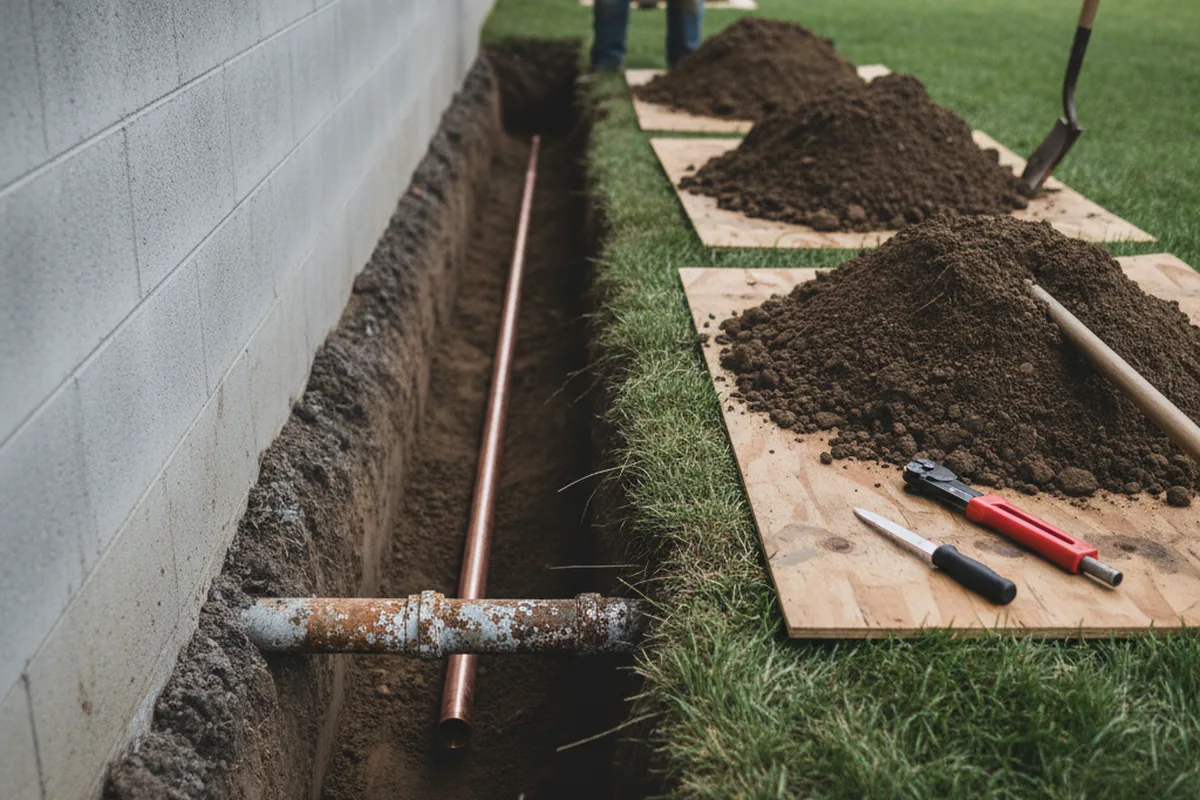 Excavated water line trench during Water Heater Repair in Andover